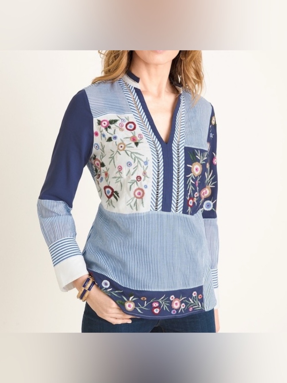 Chico’s embroidered pachet mix media blouse size 16/18 boho romantic peasant